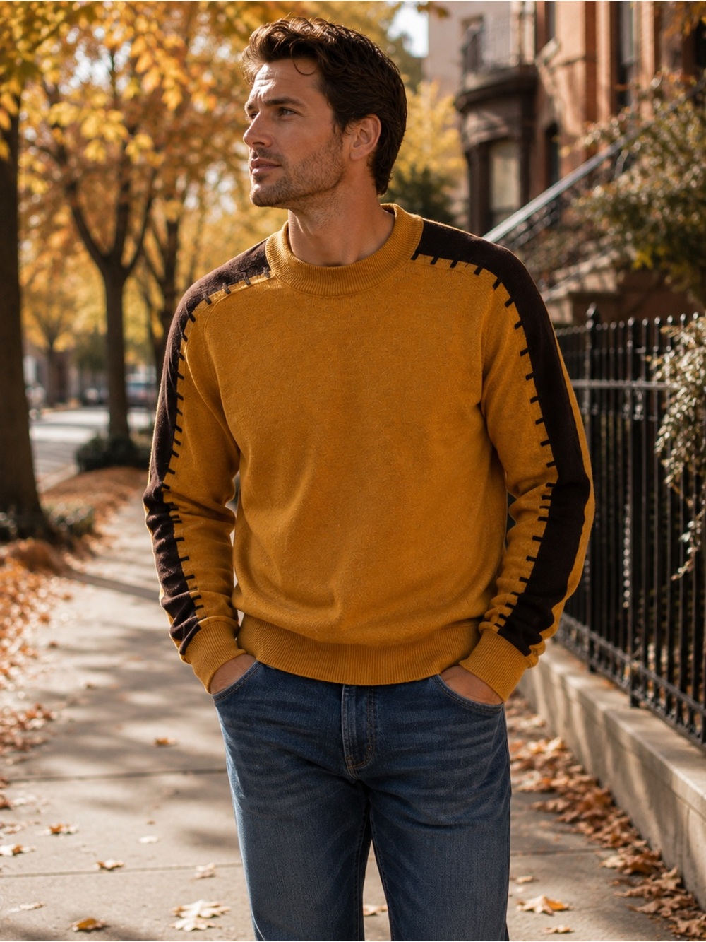 Venezzi Men’s XL Mustard Brown Wool‎ Blend Crewneck Sweater Colorblock